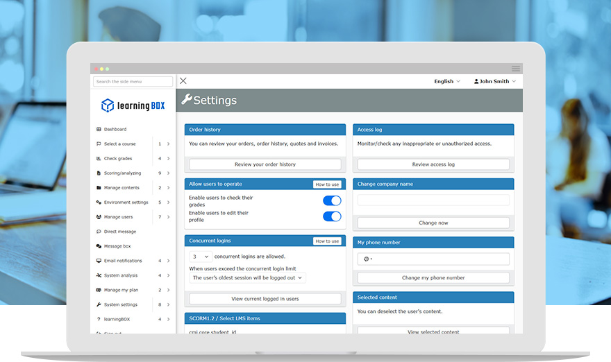 Main screen for management functions and settings