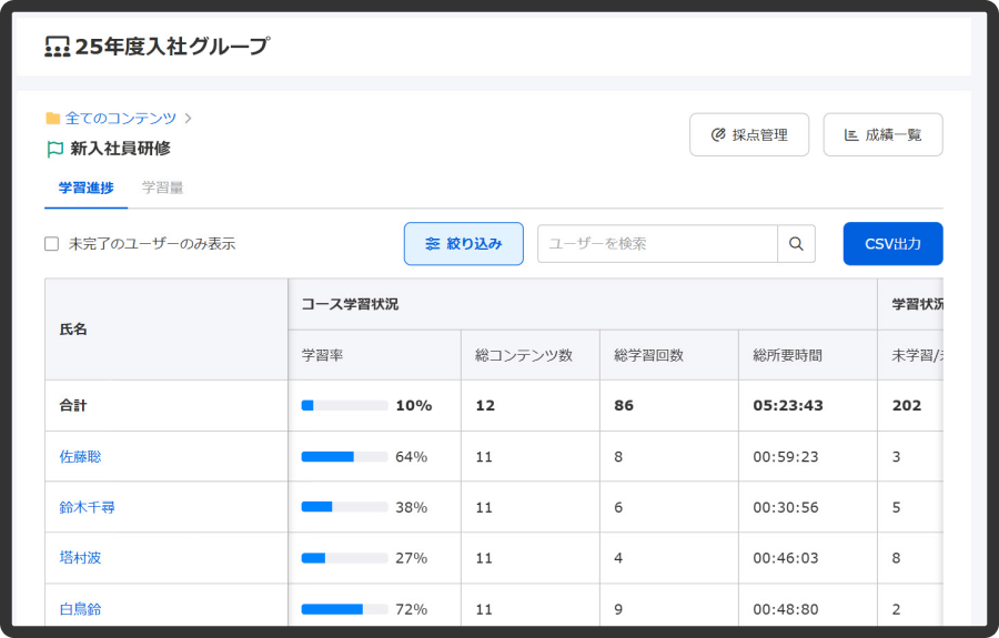 learningBOXの学習進捗の管理画面
