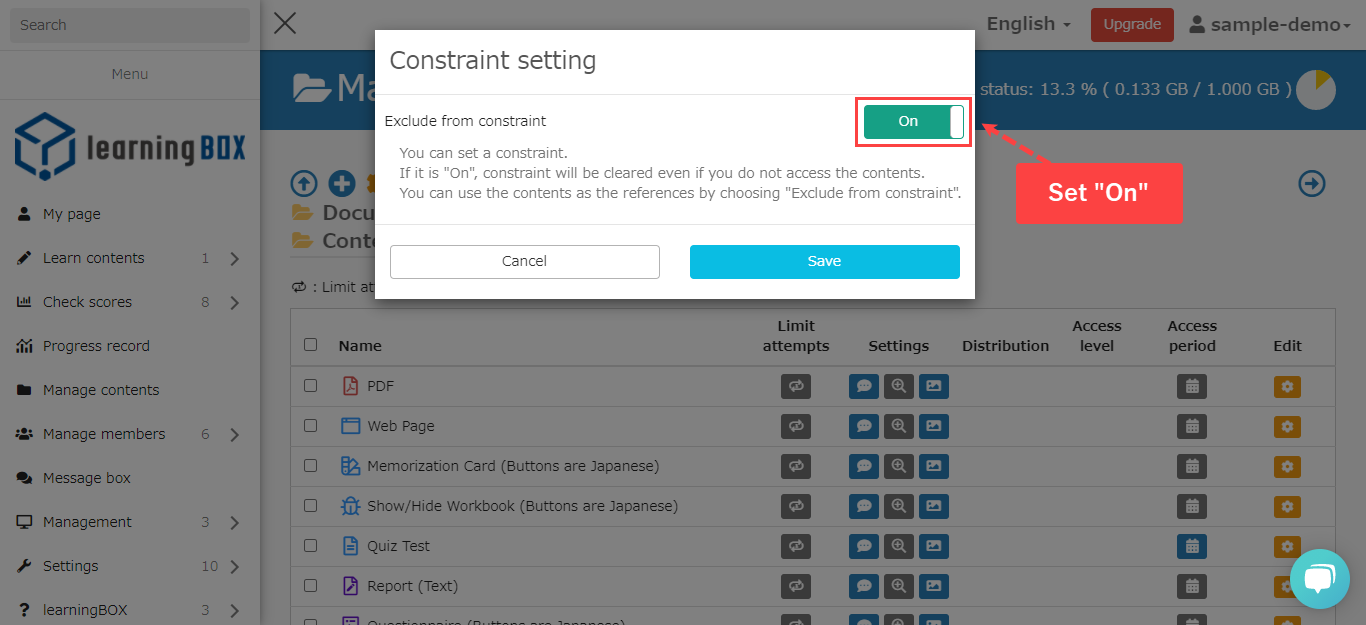 Constraint setting-learningBOX